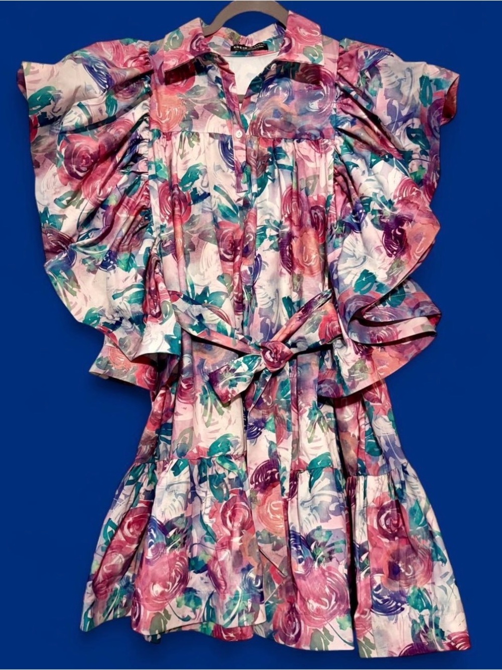 SHEIN Pink Teal Purple Floral Ruffle Sleeve Dress with Tie